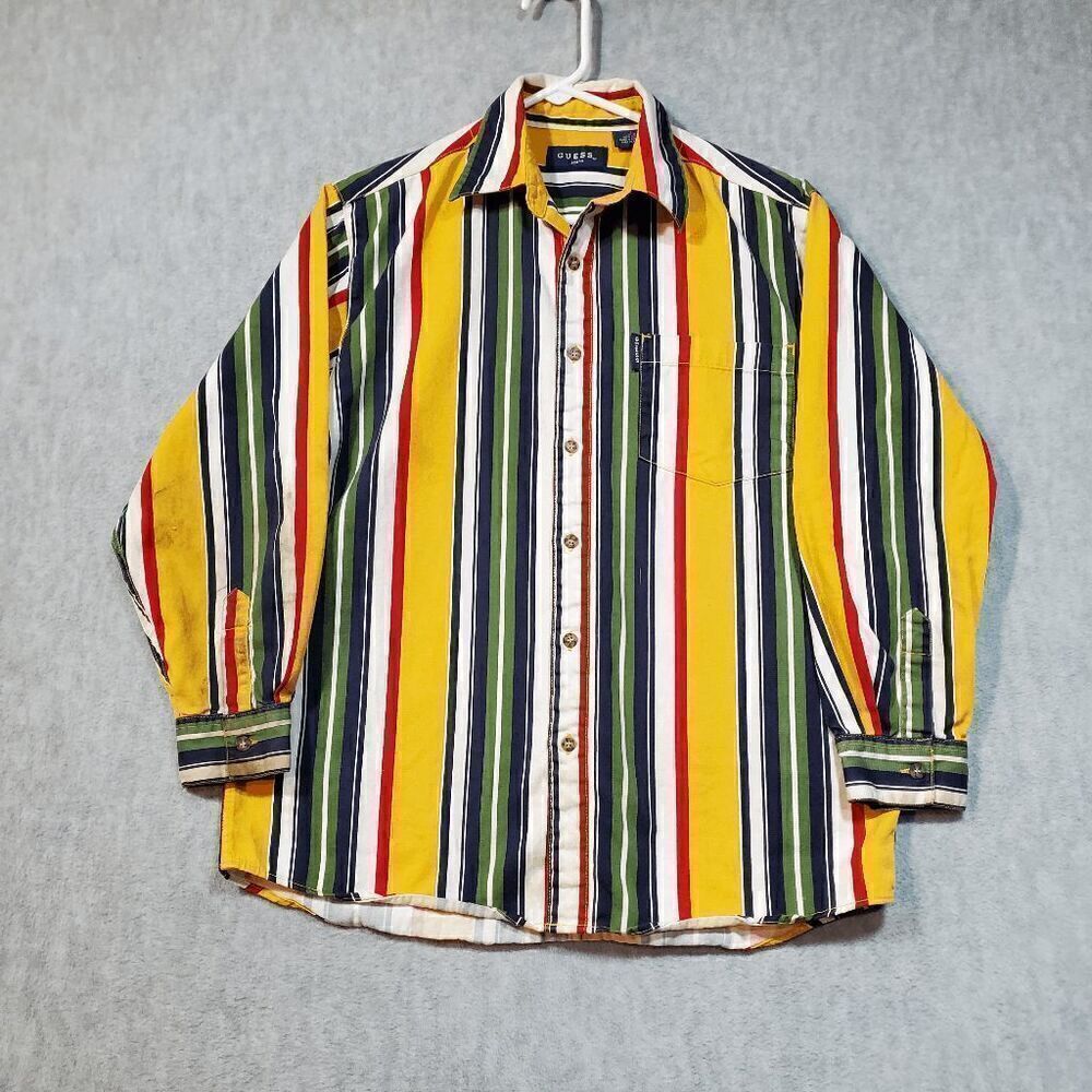 GUESS Shirt Mens Large Green Striped Regular Fit Collar Casual Button Down Vtg